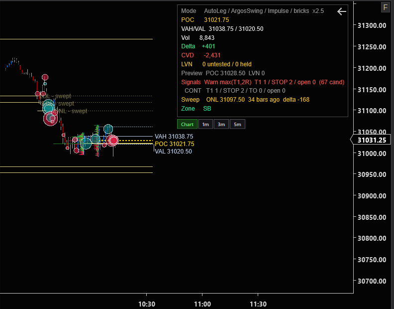 Argos Insight on NQ with volume bubbles, swept liquidity levels and the data panel